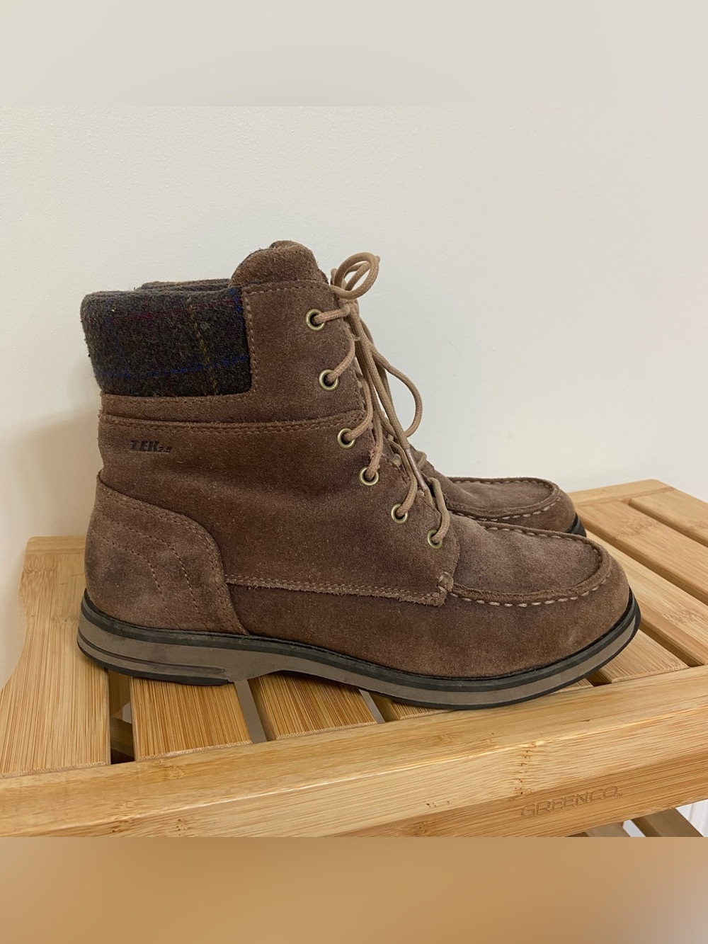 L.L.Bean Womens 7.5 M Brown Suede Lace Up Boots Plaid Wool Hiking Moc Toe